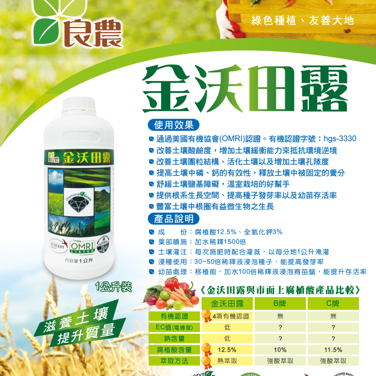 AG Golden Fertilizer Field Liquid (Organic 100% Soluble Spray Dried Humic Powder) 金沃田露